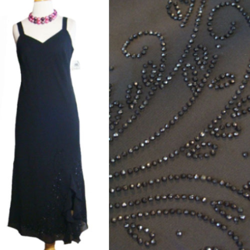 Black Dress Ruffles Beaded R&M Richards 8P